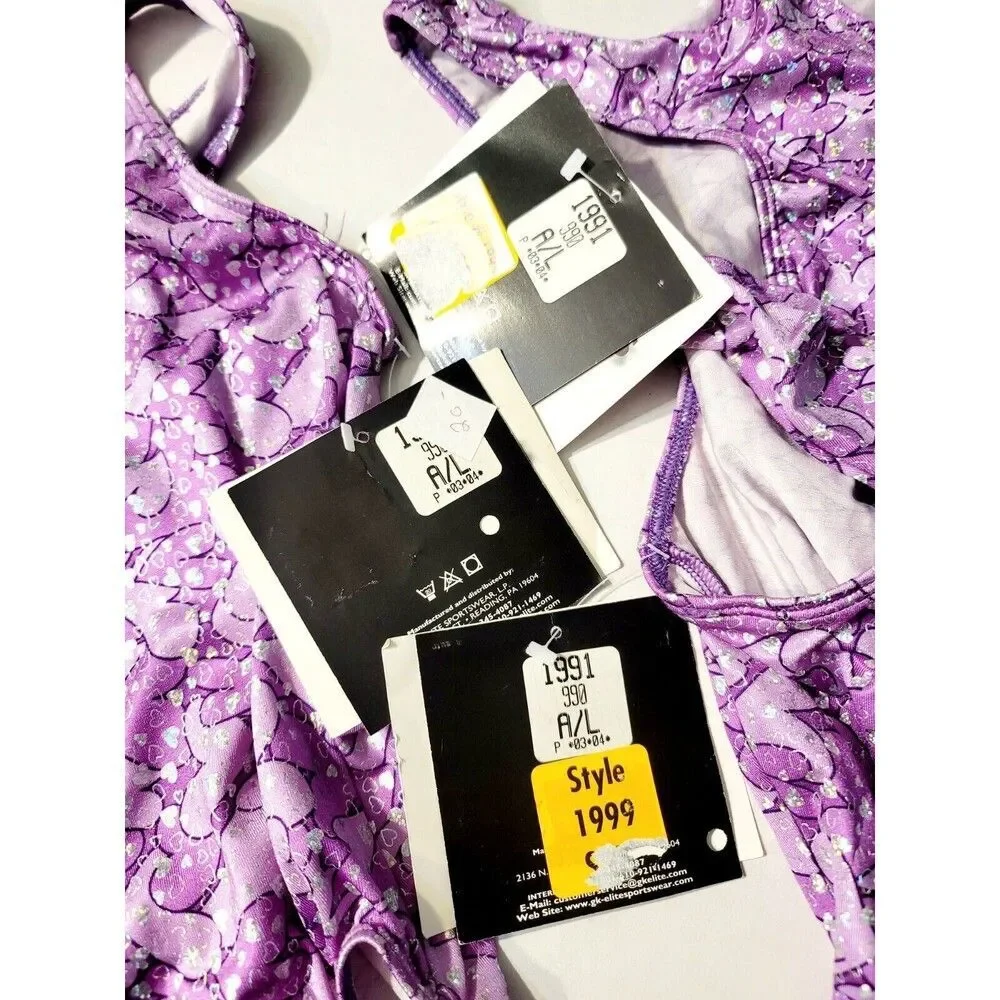 GK Elite Gymnastics Dance Racerback Keyhole Leotard Foil Hearts Purple Adult L